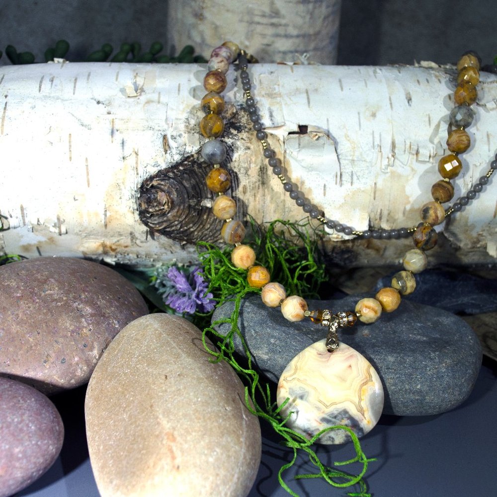 Crazy Lace Agate and Brass Pendant Necklace